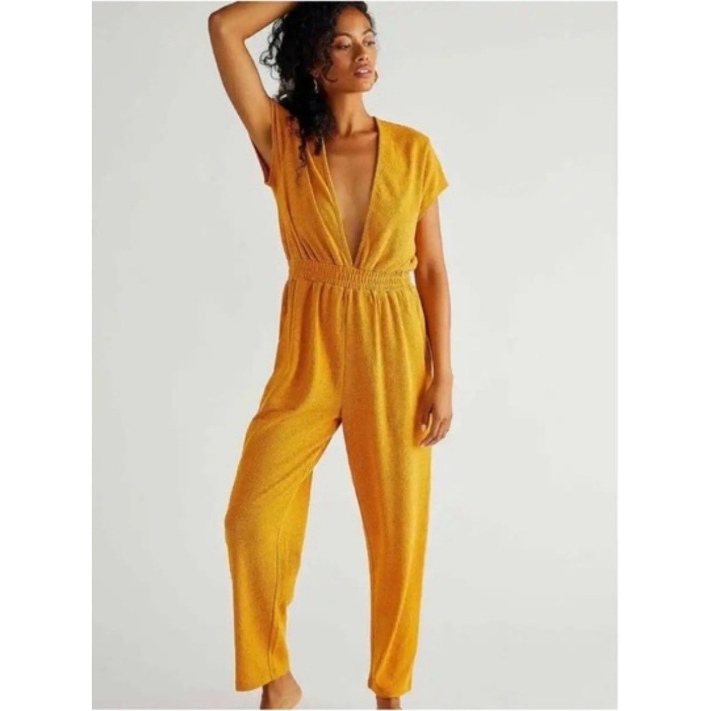 Free People Beach Mustard Yellow Terry Cloth V-Neck Jumpsuit XS
